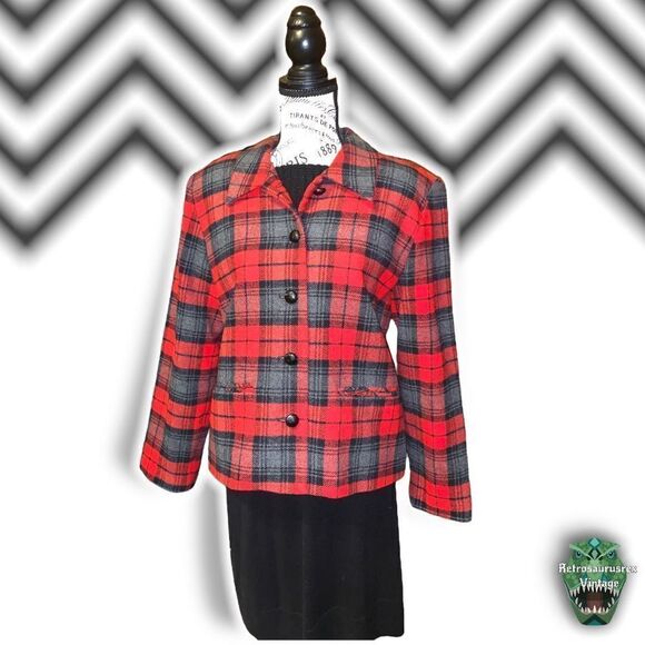 VINTAGE 1990’s Quirky Twee Tartan Plaid Wool 49er Style Blazer Jacket, Size 12P - Picture 9 of 10